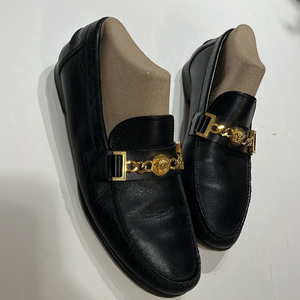 Versace black leather Medusa slip on loafers, size: 41 European = 8 USA
